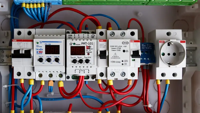 Cuadro eléctrico abierto con diferenciales, magnetotérmicos y cableado rojo y azul ordenado